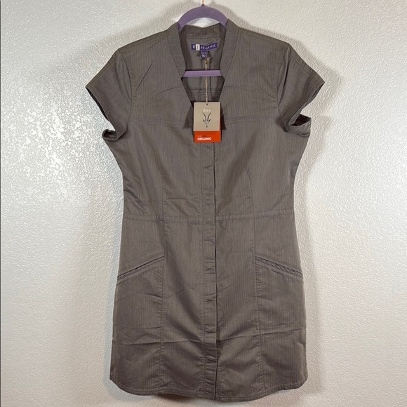 Ibex Organic Herringbone Snap Dress Taupe Size 12 NWT Outdoor Hiking - Picture 1 of 8